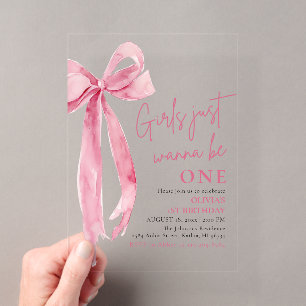 Invitaciones Acrílicas Niñas con lazo rosa solo quieren cumplir un año 