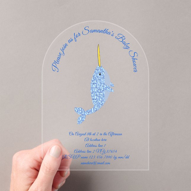 Invitaciones Acrílicas Niño azul lindo Personalizado Narwhal Baby Shower (Insitu (portátil))