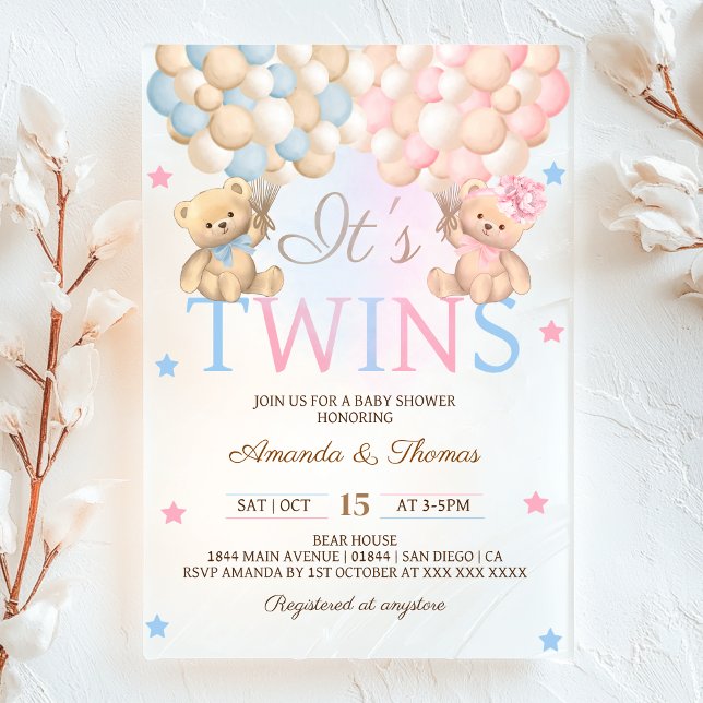 Invitaciones Acrílicas Niño Chica gemelos oso con globos Baby Shower (Subido por el creador)