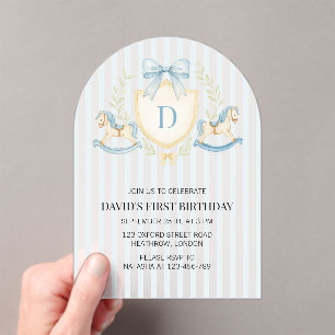 Invitaciones Acrílicas Niño con Caballo de Balanza Elegante Cumple su Pri