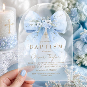 Invitaciones Acrílicas Niño de Bautizo con Lazo Floral Azul