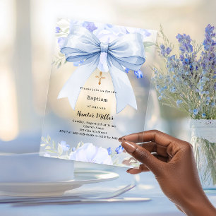 Invitaciones Acrílicas Niño de flores de lazo azul claro Bautizo