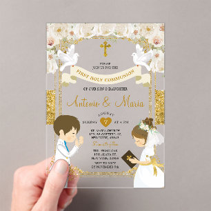 Invitaciones Acrílicas Niño gemelo y flor blanca Chica Primera Comunión S