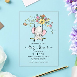 Invitaciones Acrílicas Niño pequeño elefante niño floral Baby Shower