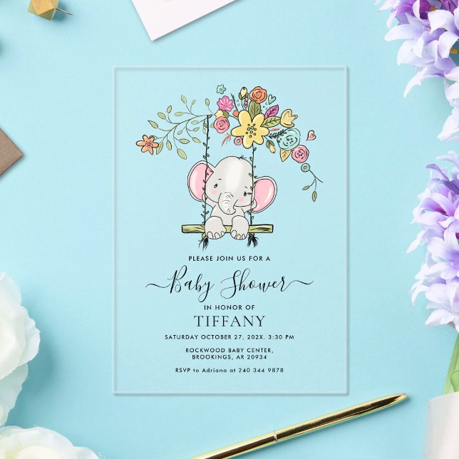 Invitaciones Acrílicas Niño pequeño elefante niño floral Baby Shower (Subido por el creador)