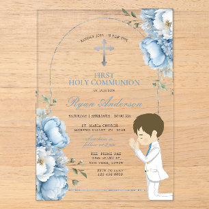 Invitaciones Acrílicas Niño rezando primera comunión floral azul polvorie