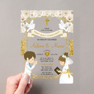 Invitaciones Acrílicas Niño y Niña Gemelos Flor Blanca Primera Comunión