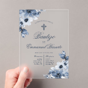 Invitaciones Acrílicas Niños bautismo azul con cruz