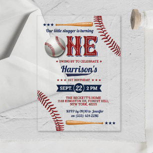 Invitaciones Acrílicas Niños Béisbol Primer Cumpleaños