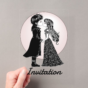 Invitaciones Acrílicas Niños Emo Góticos Lindos Besan en San Valentín