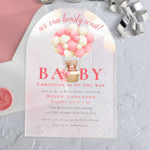 Invitaciones Acrílicas No podemos esperar Oso de peluche Niña Baby Shower