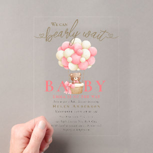 Invitaciones Acrílicas No podemos esperar Oso de peluche rosa niña bebe