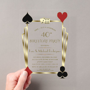 Invitaciones Acrílicas Noche de Casino de Lujo Póquer Cumpleaños Las Vega