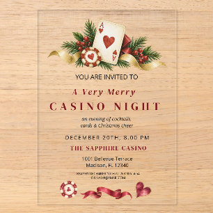 Invitaciones Acrílicas Noche de Casino de Navidad Roja Dorada Verde Glamu