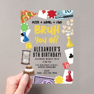 Invitaciones Acrílicas Noche de Juegos Juegos de Mesa Snacks Bruh Cumplea