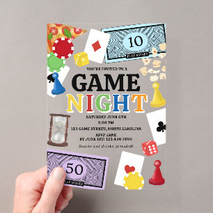 Invitaciones Acrílicas Noche de Juegos Juegos de Mesa Snacks Fiesta