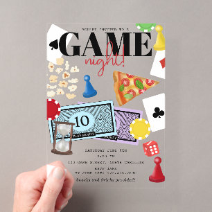 Invitaciones Acrílicas Noche de Juegos Juegos de Mesa Snacks Fiesta