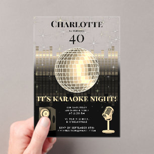 Invitaciones Acrílicas Noche de Karaoke Black Gold 40 Cumpleaños Disco