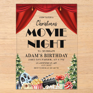 Invitaciones Acrílicas Noche de Película de Navidad Cumpleaños Exterior J