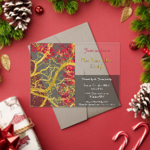 Invitaciones Acrílicas Nochevieja árbol dorado hojas rojas