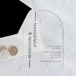 Invitaciones Acrílicas Nombres apilados en arco, boda moderna elegante y 