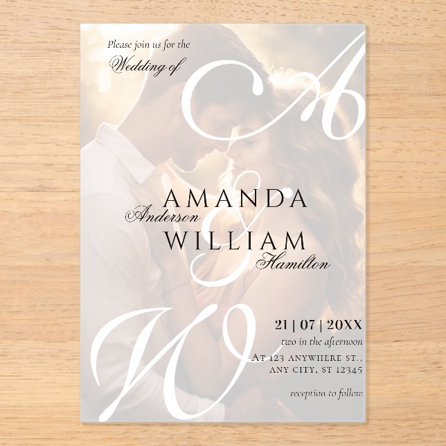 Invitaciones Acrílicas Nombres Elegantes Modernos Script Foto Boda (Anverso)