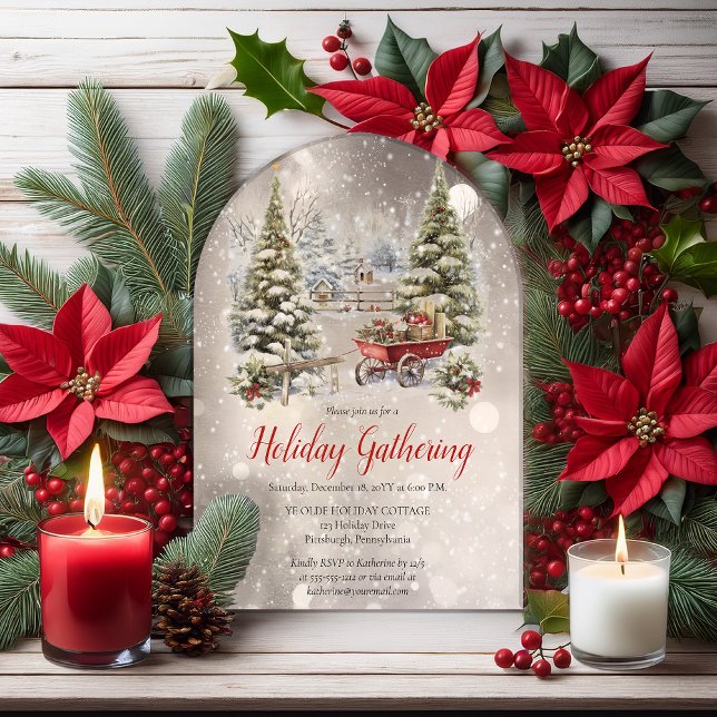 Invitaciones Acrílicas Nostalgic Vintage Holiday Tree Christmas Gathering (Nostalgic Vintage Wagon  Evergreen Tree Christmas Holiday Gathering Party Arched Acrylic Invitation )