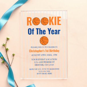 Invitaciones Acrílicas Novato Del Año Baloncesto Cumpleaños 1