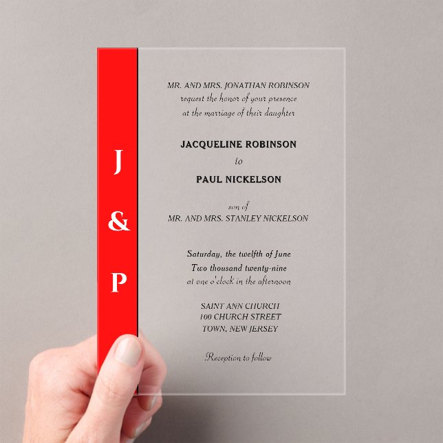 Invitaciones Acrílicas Novia de Monograma Blanco Rojo y Groom Clear (Insitu (portátil))
