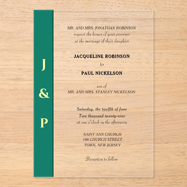 Invitaciones Acrílicas Novia en monograma amarillo verde y transparente e (Anverso)