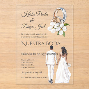 Invitaciones Acrílicas Novia y novio boda con anillos en español