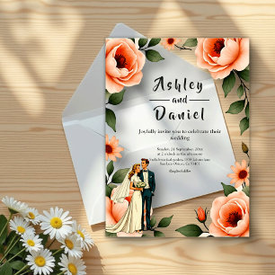 Invitaciones Acrílicas Novia y Novio de Boda Rosa Floral Acuarela