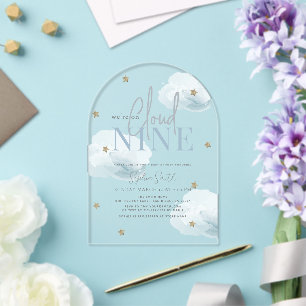Invitaciones Acrílicas Nube 9 Estrellas Doradas Acuarela Niño Baby Shower
