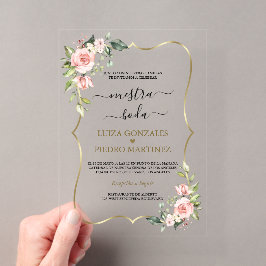 Invitaciones Acrílicas Nuestra Boda de Flores Doradas en Caligrafía Españ