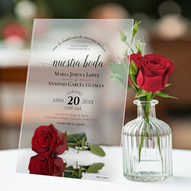 Invitaciones Acrílicas Nuestra Boda Elegant Red Rose Spanish Wedding (Frosted Acrylic with Rectangle Cut)