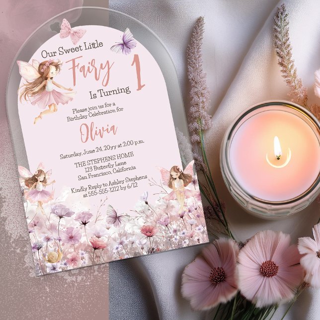 Invitaciones Acrílicas Nuestro dulce y pequeño Fiesta de cumpleaños ("Our Sweet Little Fairy Is Turning 1" Enchanting Fairies Girl 1st Birthday Party Acrylic Invitation)