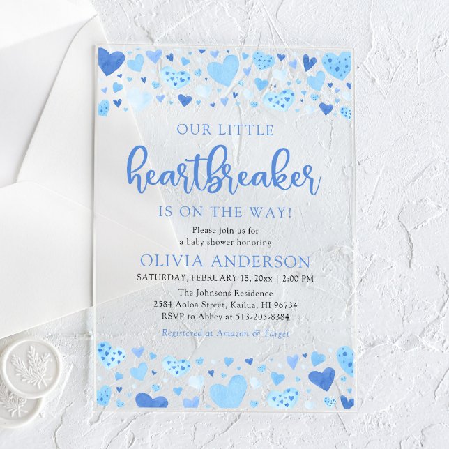 Invitaciones Acrílicas Nuestro pequeño y desgarrador Baby Shower Blue Val (Watercolor Cute Blue Hearts A Little Heartbreaker Valentine Baby Boy Acrylic Baby Shower Invitation)