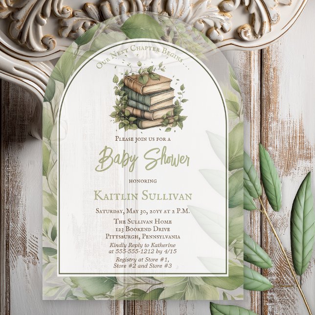 Invitaciones Acrílicas Nuestro próximo capítulo comienza los libros Baby  (Rustic Vintage Elegance "Our Next Chapter Begins . . ." Old Books Leaves Baby Shower Acrylic Invite)
