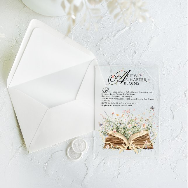 Invitaciones Acrílicas Nuevo capítulo Begin Libro Flor silvestre Baby Sho (Subido por el creador)