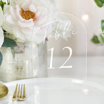 Invitaciones Acrílicas Número de tabla acrílico de boda de escritura blan<br><div class="desc">Sencilla, elegante, minimalista escritura de caligrafía blanca con letras a mano escritura de la recepción de bodas personalizada tarjeta de mesa transparente (u opaca esmerilada). Los colores del texto y del fondo son totalmente editables. POR FAVOR, OBSERVE que para ordenar números diferentes necesita personalizares y ponerlos en el carrito de...</div>