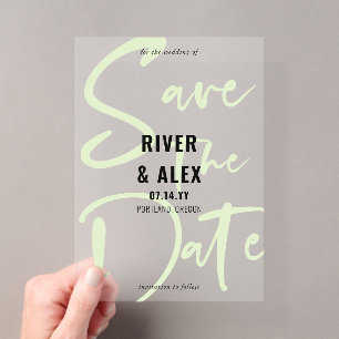 Invitaciones Acrílicas Nyanza Verde Save the Date con letra Moderna