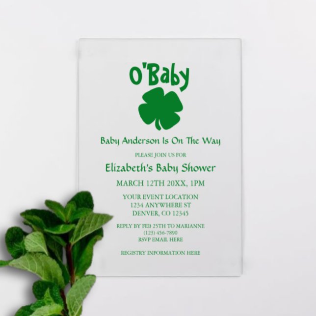 Invitaciones Acrílicas O'Baby St Patrick's Day Baby Shower (Subido por el creador)