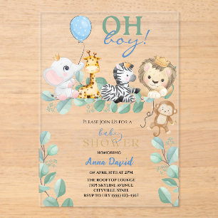 Invitaciones Acrílicas Oh Boy Cute Safari Jungle Animales Baby Shower