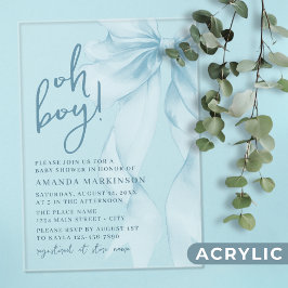Invitaciones Acrílicas Oh Boy Fiesta de Bebé con Lazo de Acuarela Azul