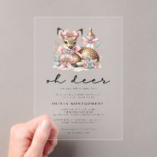 Invitaciones Acrílicas Oh Ciervo Lazos Rosados Bosque Baby Shower