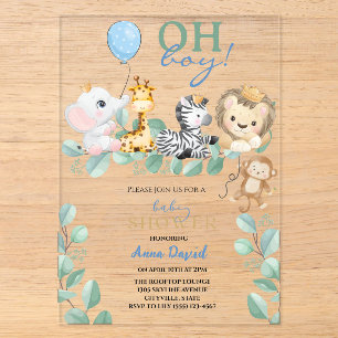 Invitaciones Acrílicas Oh Niño Dulce Safari Animales de la Jungla Baby Sh