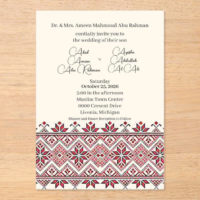 Invitaciones Acrílicas Ola Acrílica 2 del Tatreez Palestino (Anverso)