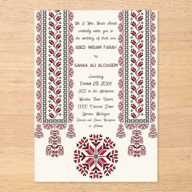 Invitaciones Acrílicas Ola Acrílica Del Tatreez Motif1 Palestino (Anverso)