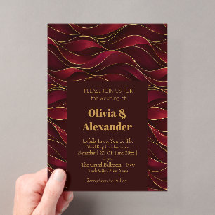 Invitaciones Acrílicas Olas de mármol rojo burgundy elegante con acento d