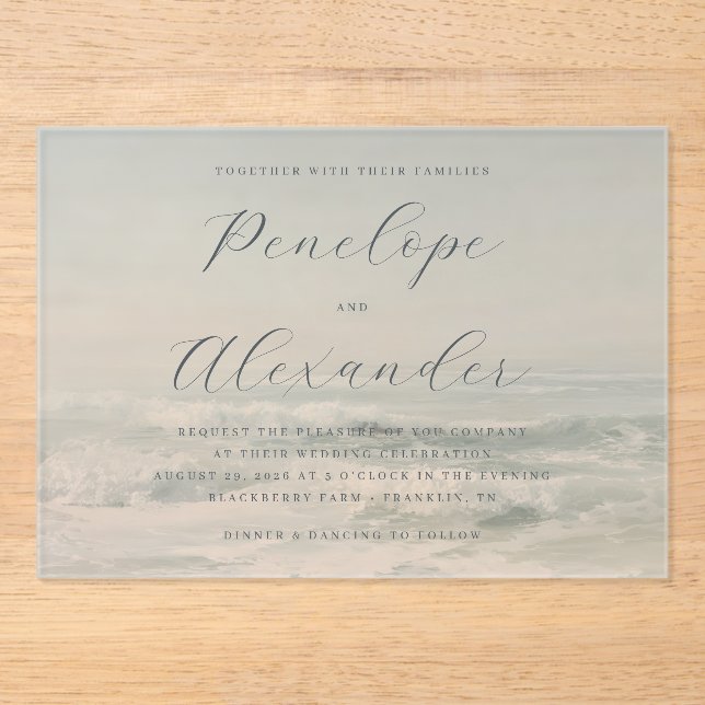Invitaciones Acrílicas Olas de Océano Azul Tranquilo (Anverso)